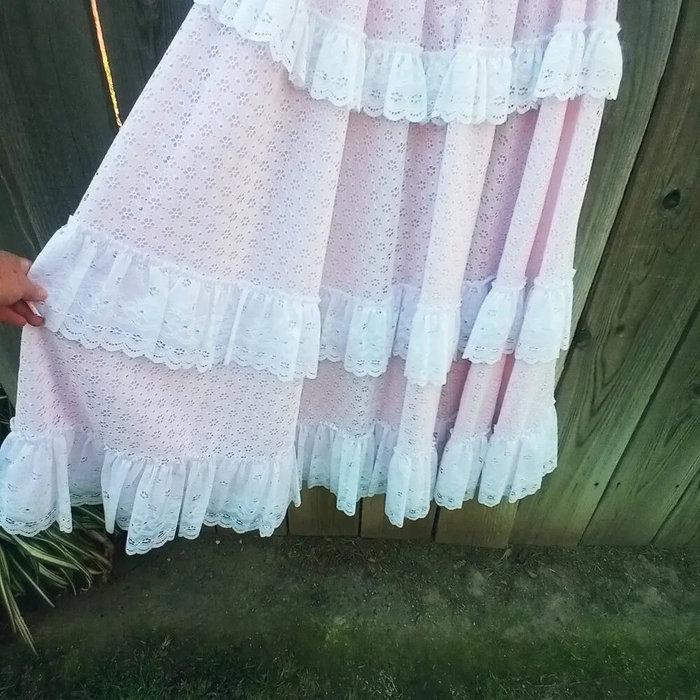 VINTAGE 70'S 80'S DANCE ALLURE MAXI DRESS SZ 8 WHITE PINK OFF SHOULDER TIERED - Picture 9 of 13